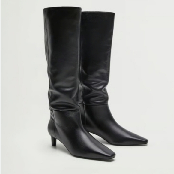 Mango Shoes - Mango Genuine Leather Boots With Square Toe and Kitten Heel